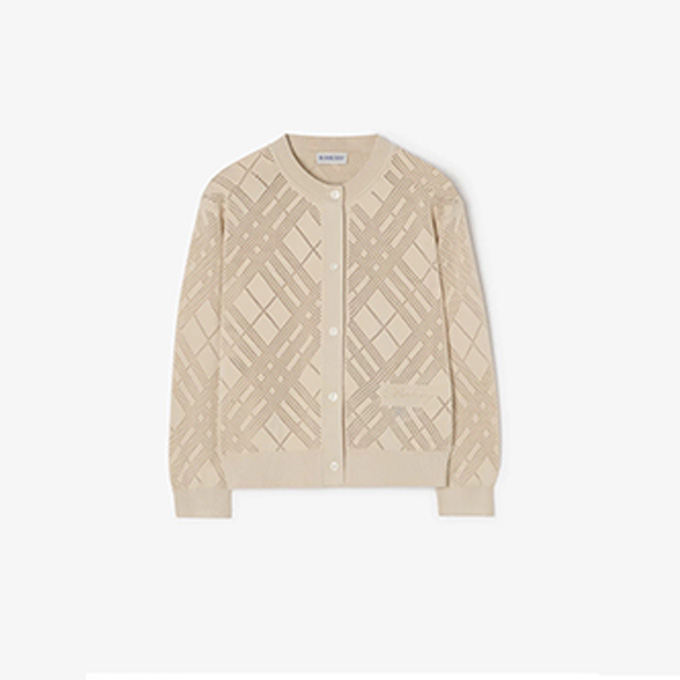 burberry check hollow out knit crew neck cardigan
